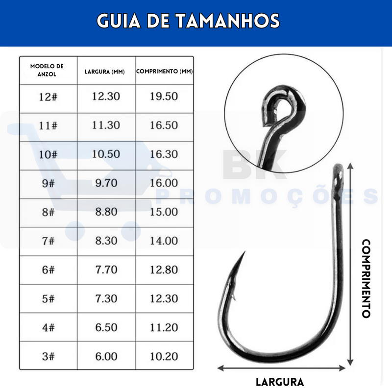 Anzol de Pesca, Caixa com 100 unidades, tamanhos variados do 3 ao 12